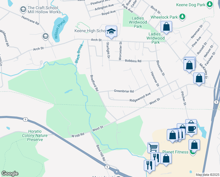 map of restaurants, bars, coffee shops, grocery stores, and more near 111 Ridgewood Avenue in Keene