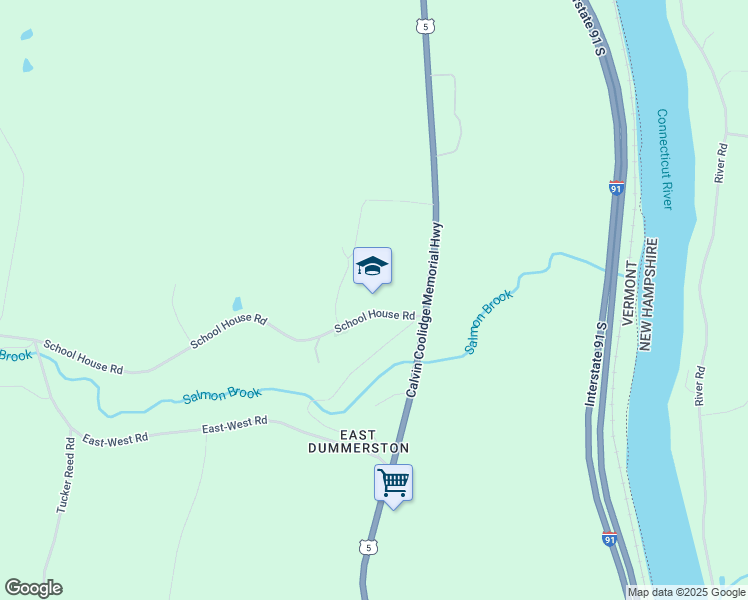 map of restaurants, bars, coffee shops, grocery stores, and more near 52 School House Road in Dummerston
