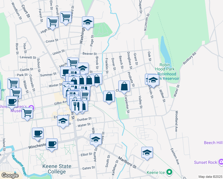 map of restaurants, bars, coffee shops, grocery stores, and more near 158 Church Street in Keene