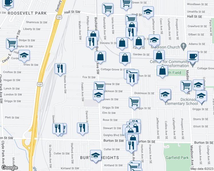 map of restaurants, bars, coffee shops, grocery stores, and more near 126 Corinne Street Southwest in Grand Rapids