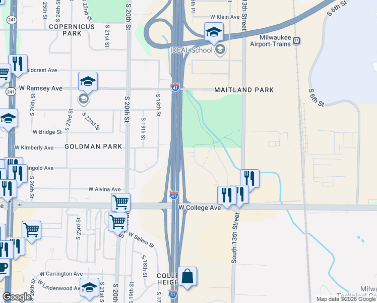 map of restaurants, bars, coffee shops, grocery stores, and more near 1537 West Granada Street in Milwaukee