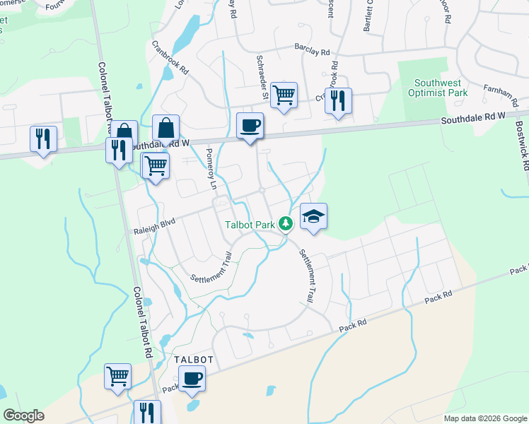 map of restaurants, bars, coffee shops, grocery stores, and more near 3201 Tillmann Road in London