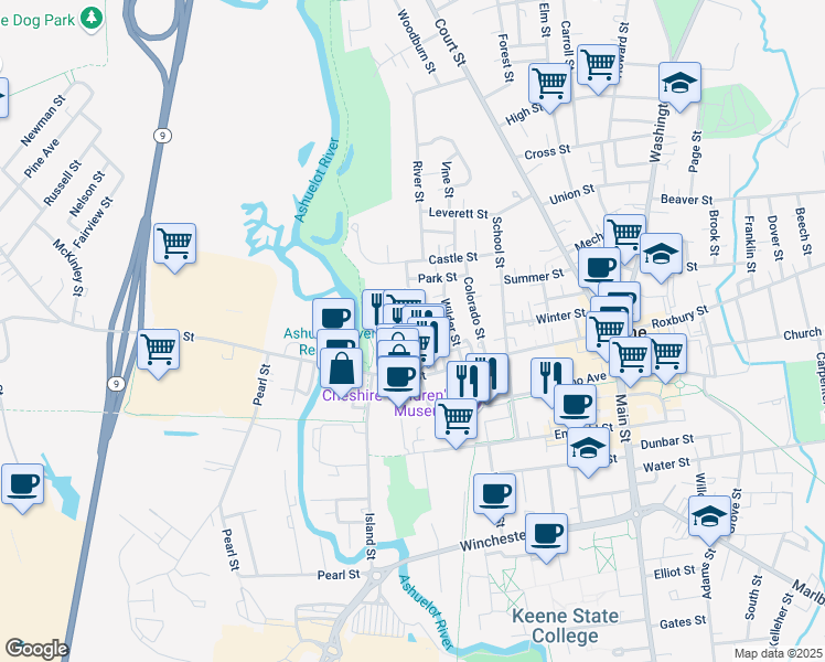 map of restaurants, bars, coffee shops, grocery stores, and more near 219 West Street in Keene