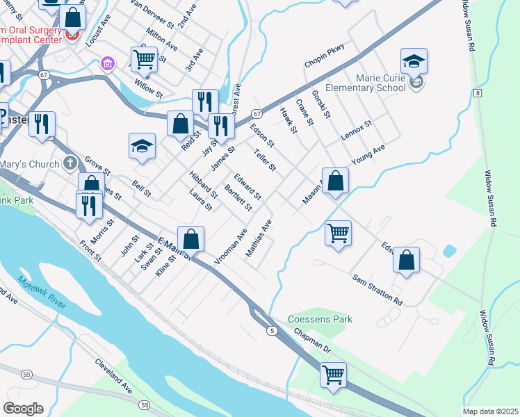 map of restaurants, bars, coffee shops, grocery stores, and more near 247 Vrooman Avenue in Amsterdam