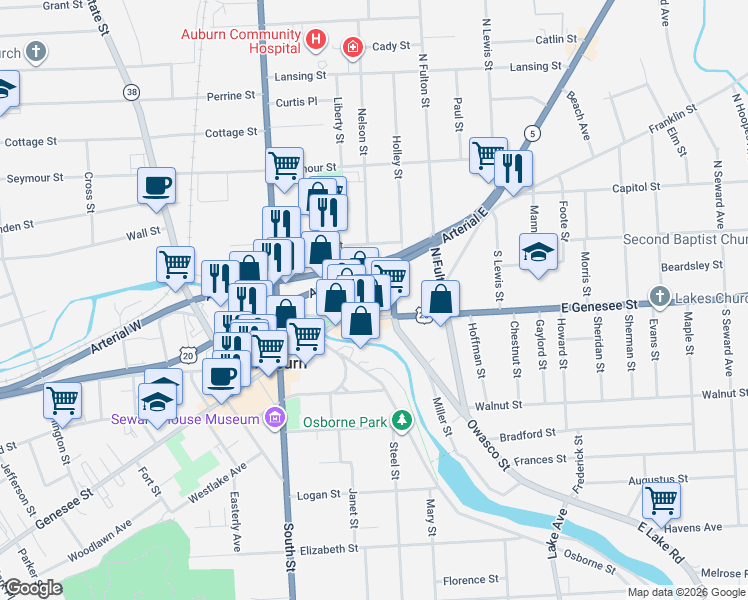 map of restaurants, bars, coffee shops, grocery stores, and more near 30 East Genesee Street in Auburn