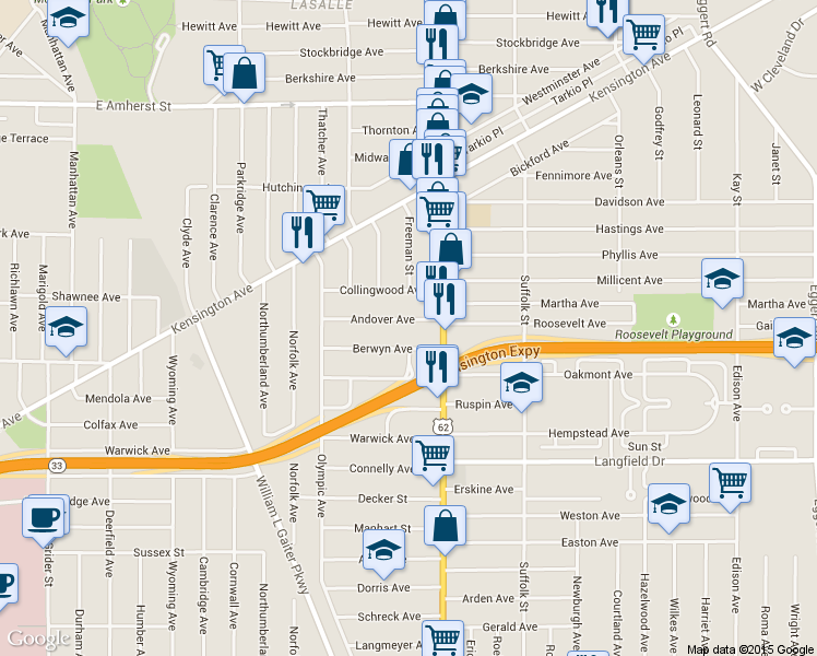 map of restaurants, bars, coffee shops, grocery stores, and more near 101 Berwyn Avenue in Buffalo