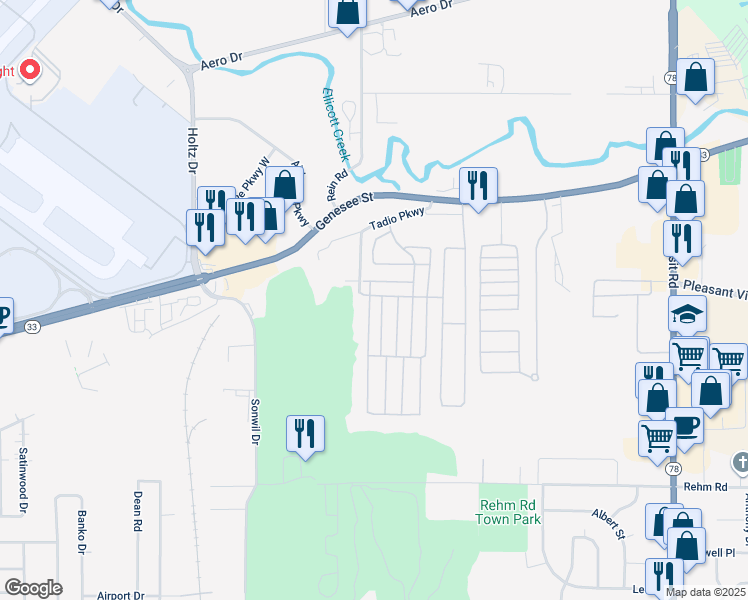 map of restaurants, bars, coffee shops, grocery stores, and more near 26 Annamarie Terrace in Cheektowaga