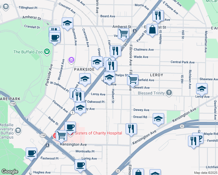 map of restaurants, bars, coffee shops, grocery stores, and more near 71 Leroy Avenue in Buffalo