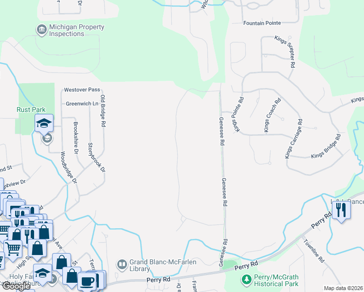 map of restaurants, bars, coffee shops, grocery stores, and more near 16860 Kings Fairway Lane in Grand Blanc