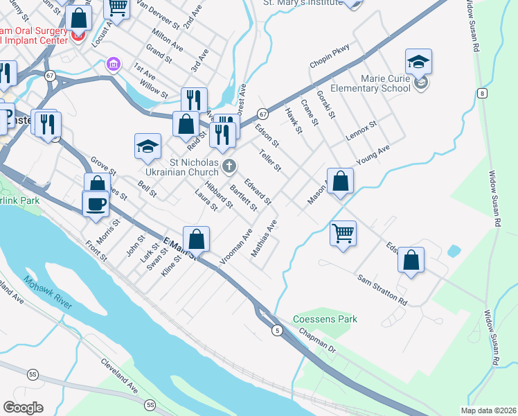 map of restaurants, bars, coffee shops, grocery stores, and more near 54 Edward Street in Amsterdam