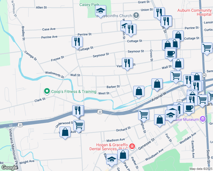 map of restaurants, bars, coffee shops, grocery stores, and more near 35 Barber Street in Auburn