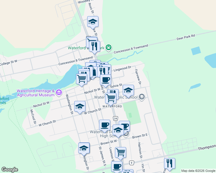 map of restaurants, bars, coffee shops, grocery stores, and more near 57 Main Street South in Norfolk