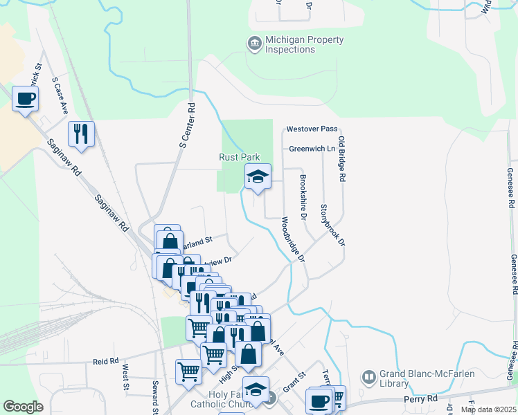 map of restaurants, bars, coffee shops, grocery stores, and more near 11240 Woodbridge Drive in Grand Blanc