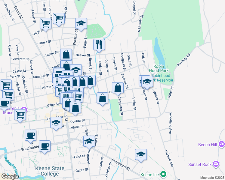 map of restaurants, bars, coffee shops, grocery stores, and more near 17 Edwards Street in Keene