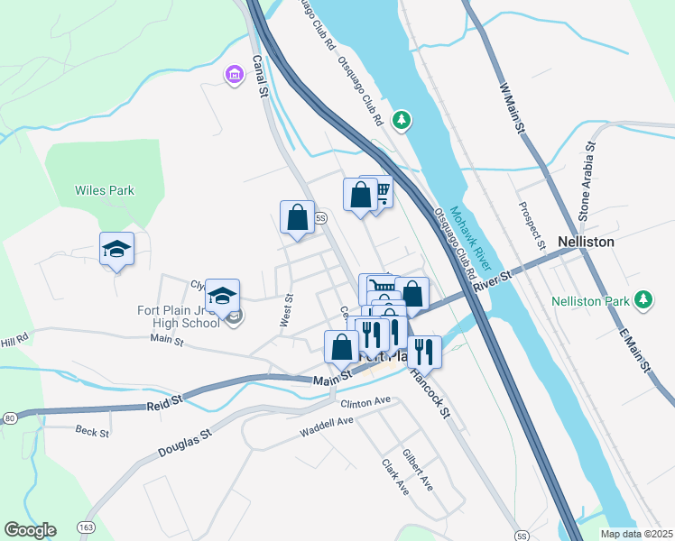map of restaurants, bars, coffee shops, grocery stores, and more near 200 Canal Street in Fort Plain