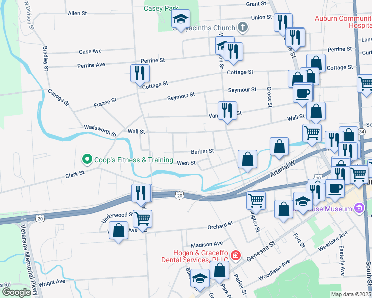 map of restaurants, bars, coffee shops, grocery stores, and more near 104 Wall Street in Auburn