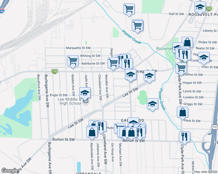 map of restaurants, bars, coffee shops, grocery stores, and more near 1635 Nagel Avenue Southwest in Wyoming