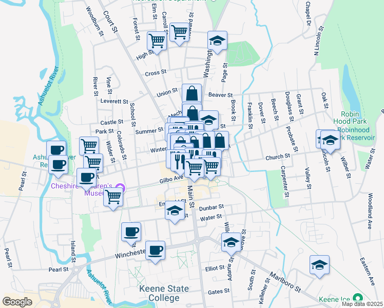 map of restaurants, bars, coffee shops, grocery stores, and more near 11 Washington Street in Keene