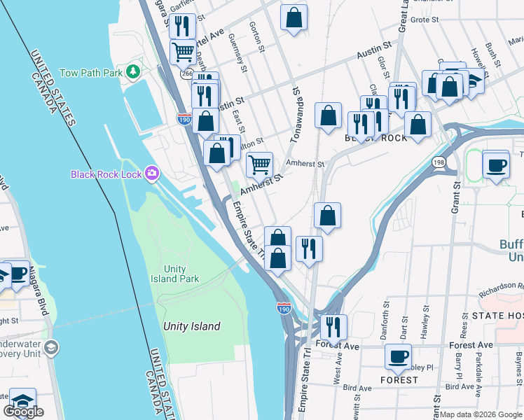 map of restaurants, bars, coffee shops, grocery stores, and more near 99 East Street in Buffalo
