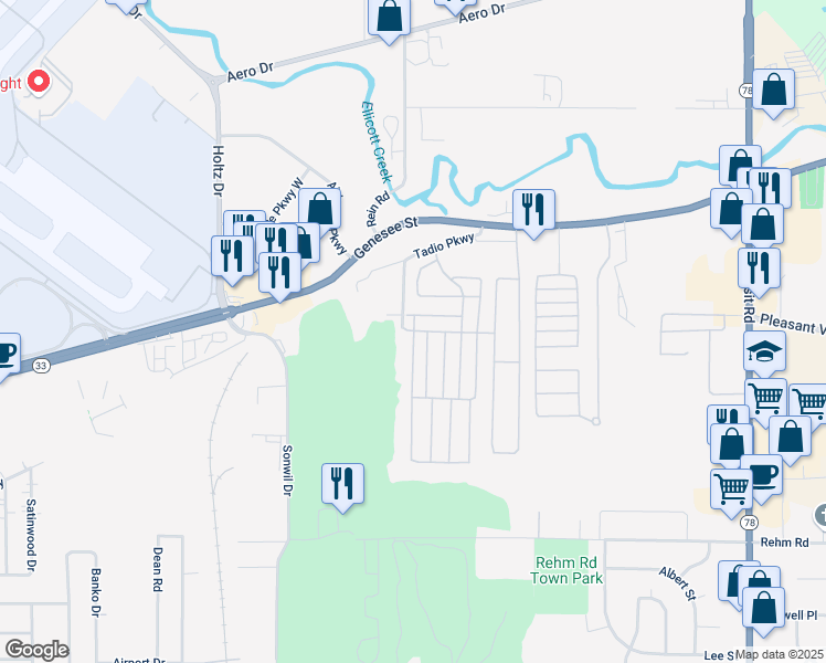 map of restaurants, bars, coffee shops, grocery stores, and more near 4 Tadio Parkway in Buffalo