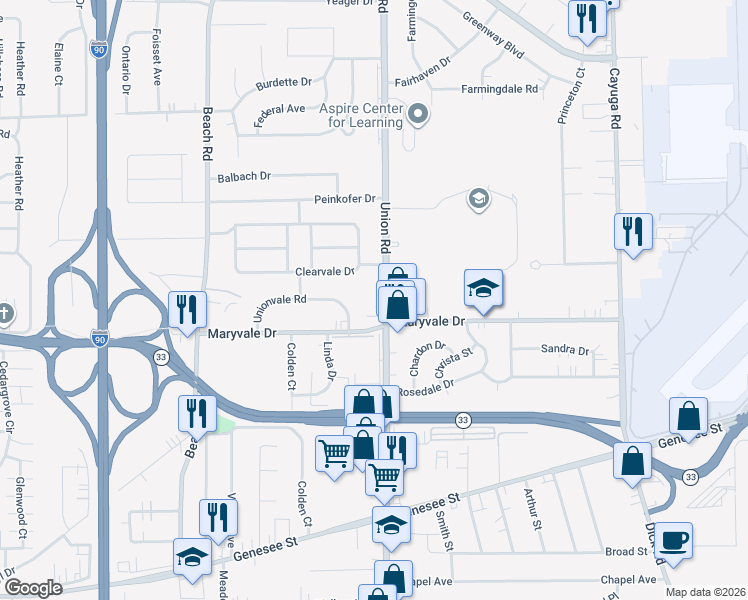 map of restaurants, bars, coffee shops, grocery stores, and more near 4414 Union Road in Buffalo