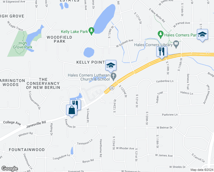 map of restaurants, bars, coffee shops, grocery stores, and more near 12400 Mac Alister Way in New Berlin