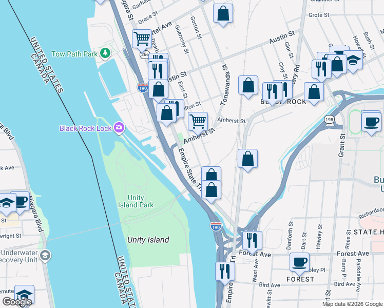map of restaurants, bars, coffee shops, grocery stores, and more near 168 Dearborn Street in Buffalo