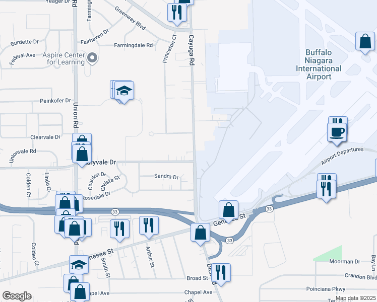 map of restaurants, bars, coffee shops, grocery stores, and more near 245 Cayuga Road in Cheektowaga