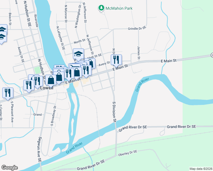map of restaurants, bars, coffee shops, grocery stores, and more near 121 South Jefferson Street in Lowell