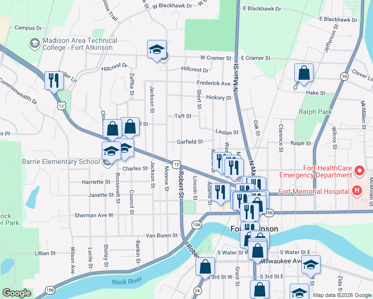 map of restaurants, bars, coffee shops, grocery stores, and more near 501 Robert Street in Fort Atkinson