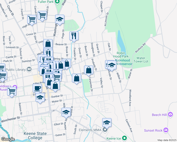 map of restaurants, bars, coffee shops, grocery stores, and more near 41 Probate Street in Keene