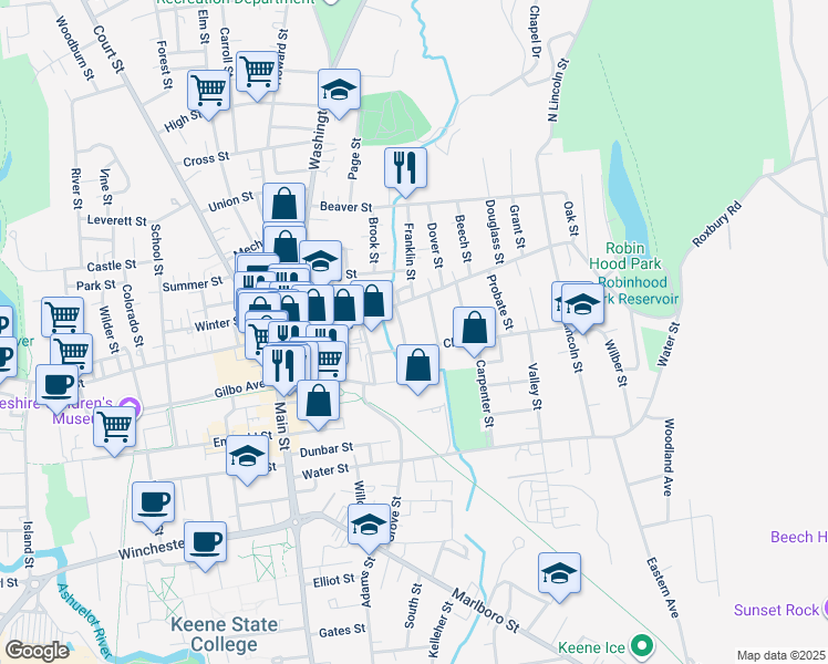 map of restaurants, bars, coffee shops, grocery stores, and more near 139 Roxbury Street in Keene