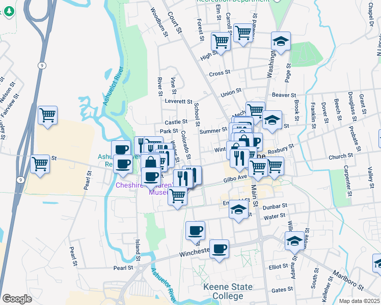map of restaurants, bars, coffee shops, grocery stores, and more near 53 Colorado Street in Keene