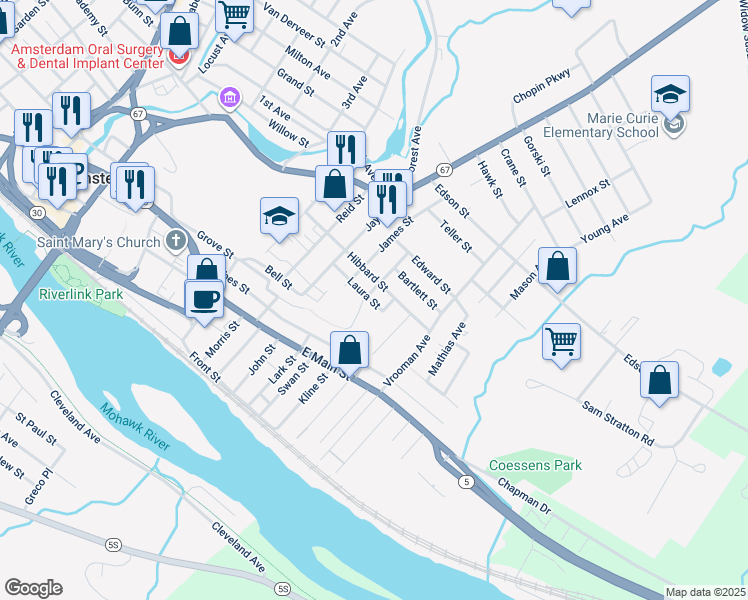 map of restaurants, bars, coffee shops, grocery stores, and more near 78 James Street in Amsterdam