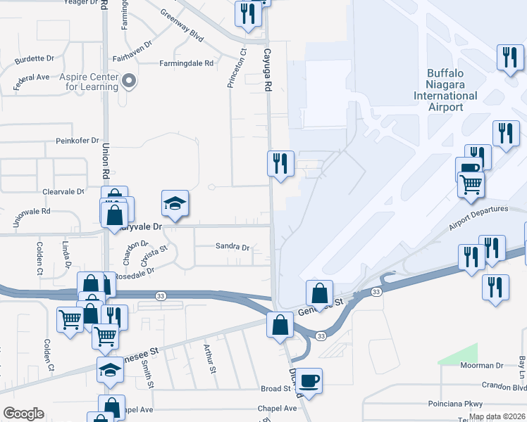 map of restaurants, bars, coffee shops, grocery stores, and more near 245 Cayuga Road in Cheektowaga