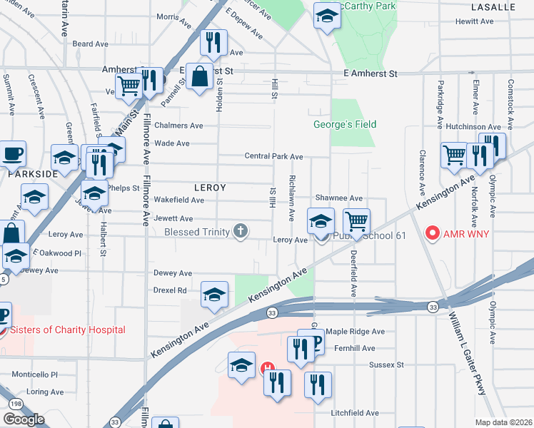 map of restaurants, bars, coffee shops, grocery stores, and more near 182 Wakefield Avenue in Buffalo