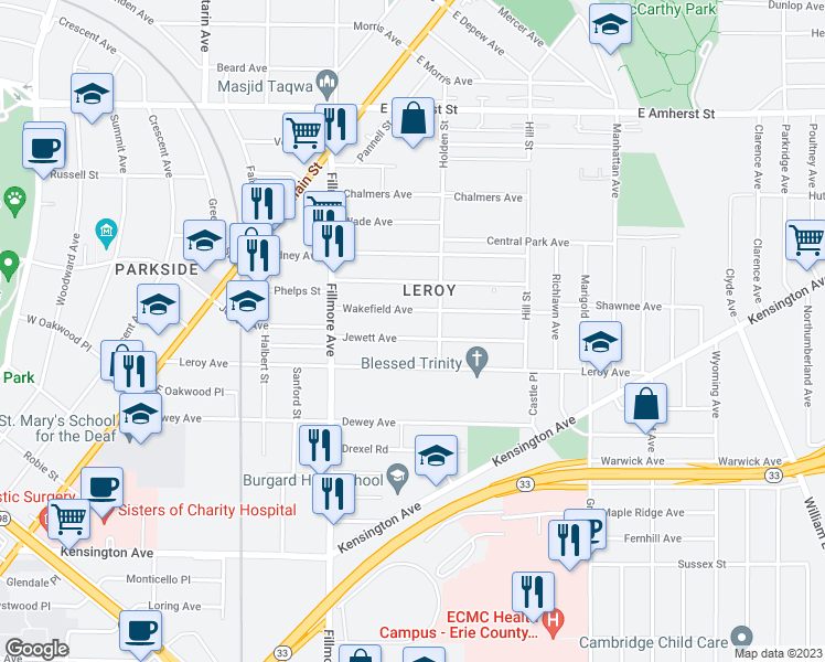 map of restaurants, bars, coffee shops, grocery stores, and more near 98 Wakefield Avenue in Buffalo