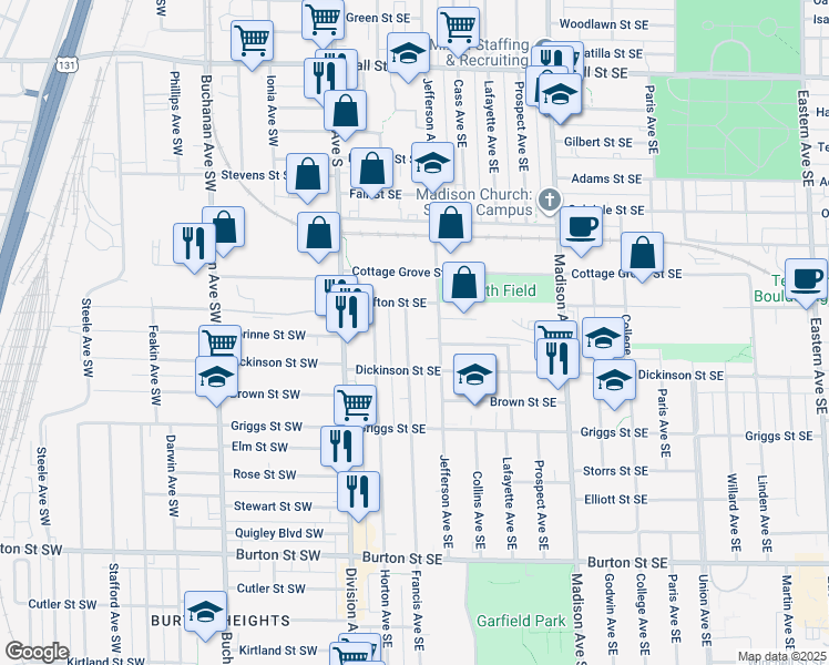 map of restaurants, bars, coffee shops, grocery stores, and more near 1607 Jefferson Avenue Southeast in Grand Rapids