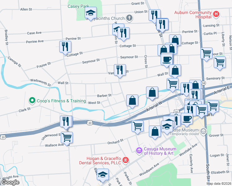 map of restaurants, bars, coffee shops, grocery stores, and more near 77 Washington Street in Auburn