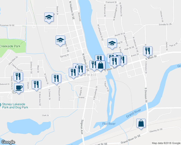 map of restaurants, bars, coffee shops, grocery stores, and more near 325 West Main Street in Lowell Township