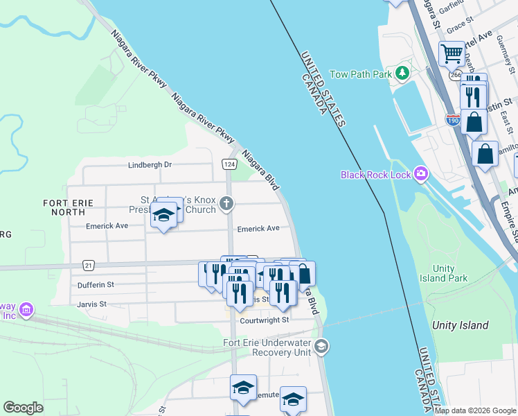 map of restaurants, bars, coffee shops, grocery stores, and more near 21 Highland Avenue in Fort Erie