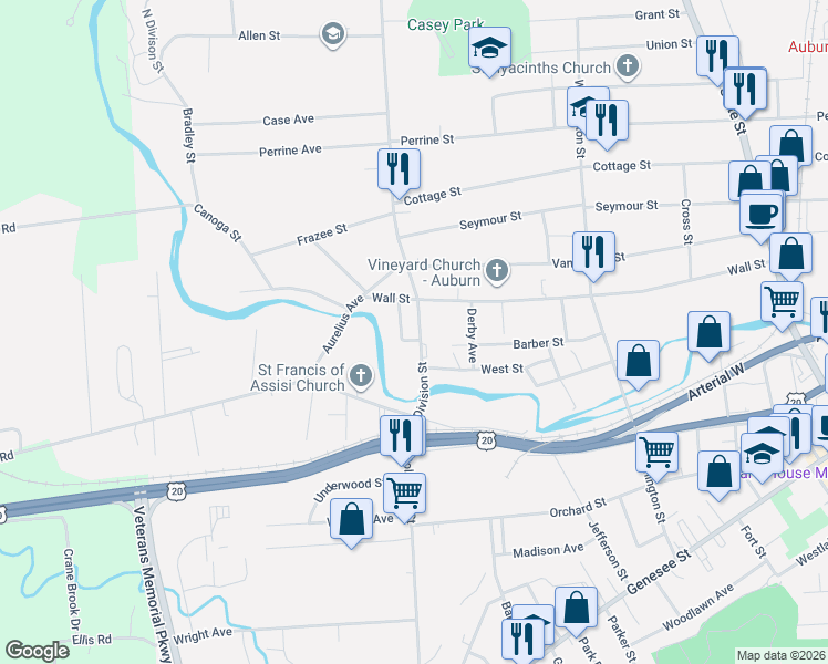map of restaurants, bars, coffee shops, grocery stores, and more near 29 North Division Street in Auburn