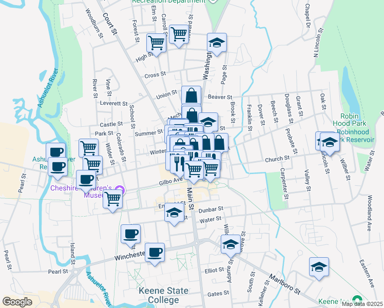 map of restaurants, bars, coffee shops, grocery stores, and more near 3 Central Square in Keene