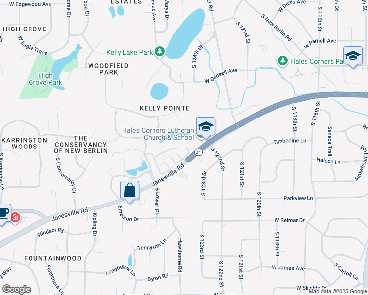 map of restaurants, bars, coffee shops, grocery stores, and more near 12445 Mac Alister Way in New Berlin