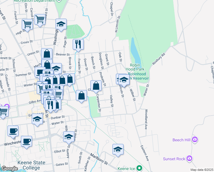 map of restaurants, bars, coffee shops, grocery stores, and more near 22 Hardy Court in Keene