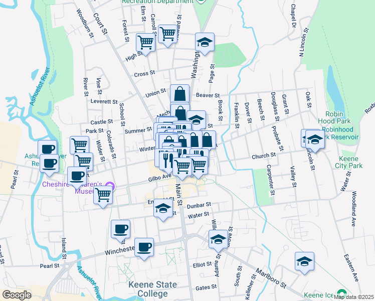 map of restaurants, bars, coffee shops, grocery stores, and more near 11 Washington Street in Keene
