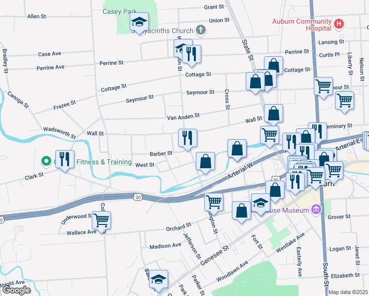 map of restaurants, bars, coffee shops, grocery stores, and more near 77 Washington Street in Auburn