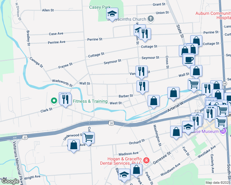 map of restaurants, bars, coffee shops, grocery stores, and more near 104 Wall Street in Auburn