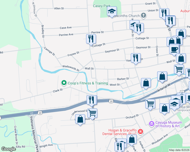 map of restaurants, bars, coffee shops, grocery stores, and more near 3 Sheldon Avenue in Auburn