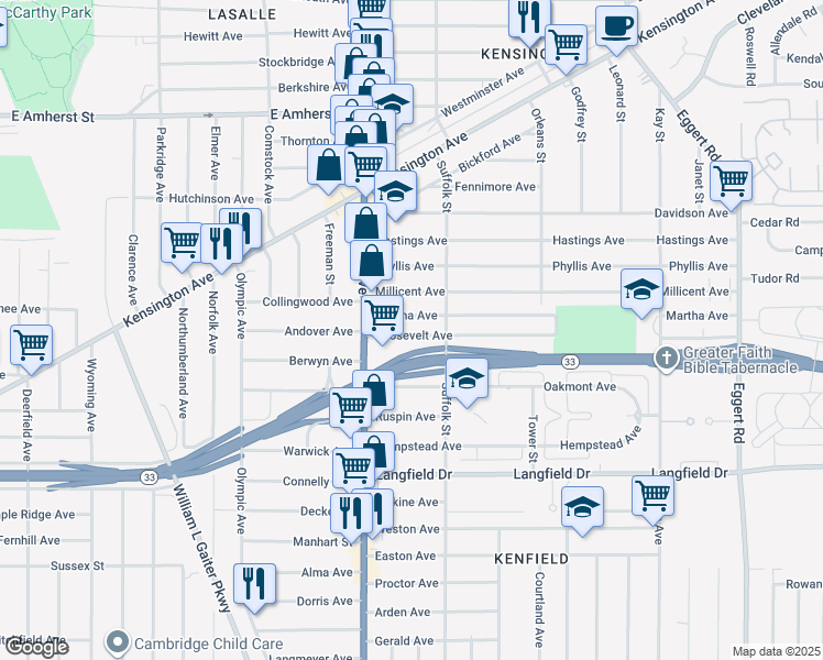 map of restaurants, bars, coffee shops, grocery stores, and more near 58 Martha Avenue in Buffalo